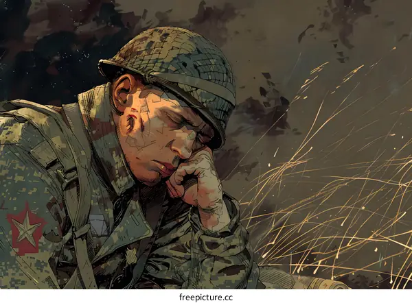 A portrait of a soldier, he looks tired, sad and lonely.
