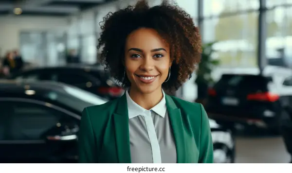 portrait of a smiling African-American woman in a green suit standing in a car dealership