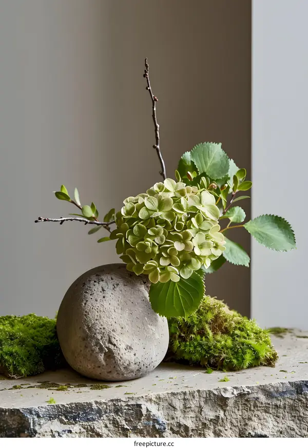Stone Vase With Green Flowers And Moss