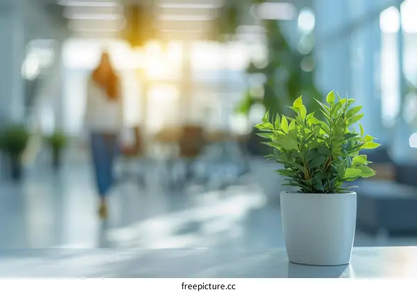 A potted plant sits on a table in an office space