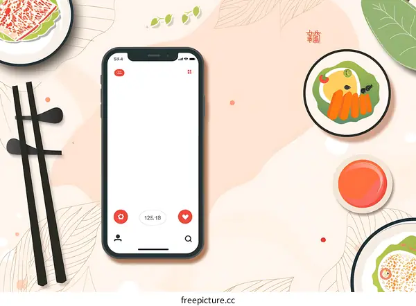 Phone Mockup With Empty Screen And Food Illustration