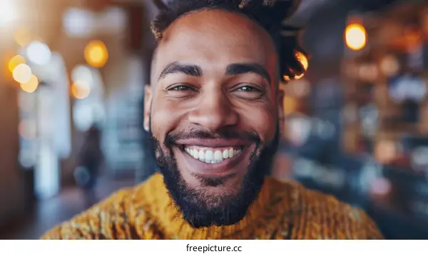 Happy Black Man Smiling Portrait in Cafe