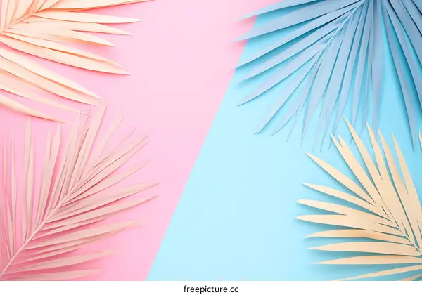 Palm Leaves on Pastel Pink and Blue Background