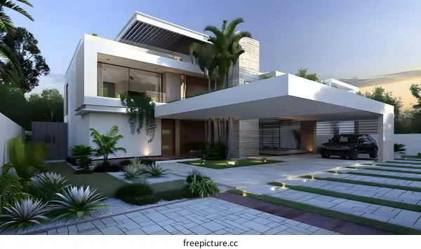 Modern Luxury Home Exterior Design with Palm Trees and a Car in the Driveway
