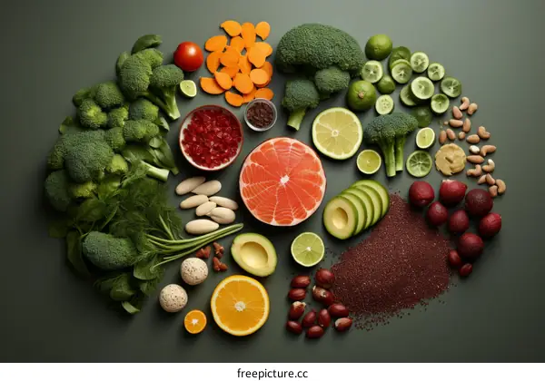 A variety of healthy foods are arranged on a green table.
