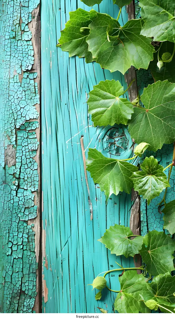 Green Vine Leaves on Blue Weathered Wood