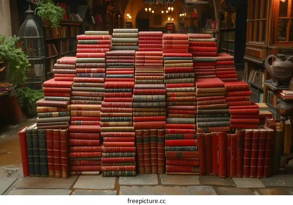A large stack of old books in a library
