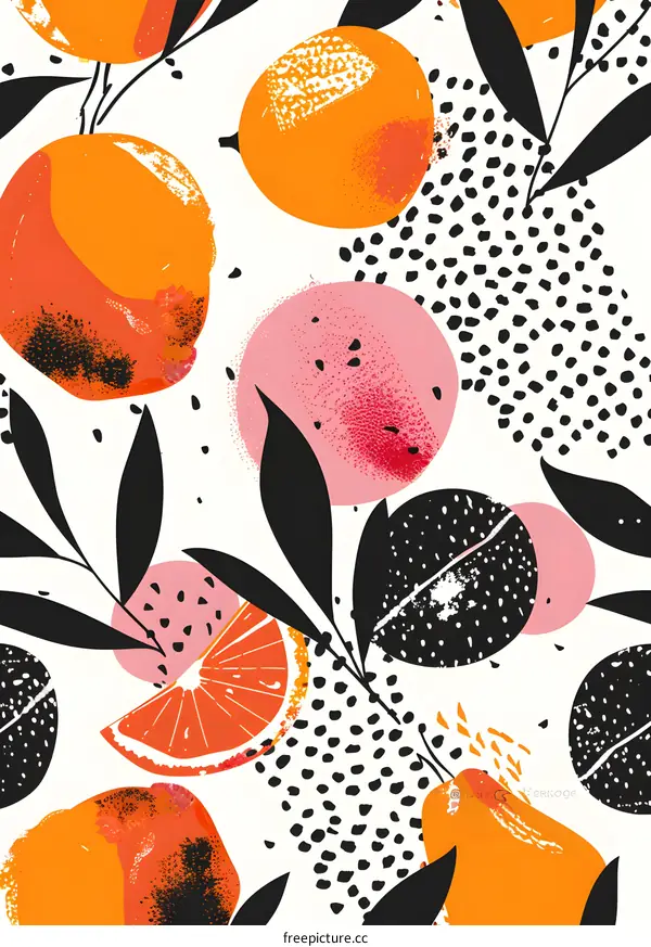 Abstract Orange Fruit Seamless Pattern with Black Leaves