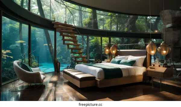 futuristic bedroom interior design with large glass windows overlooking a lush green forest
