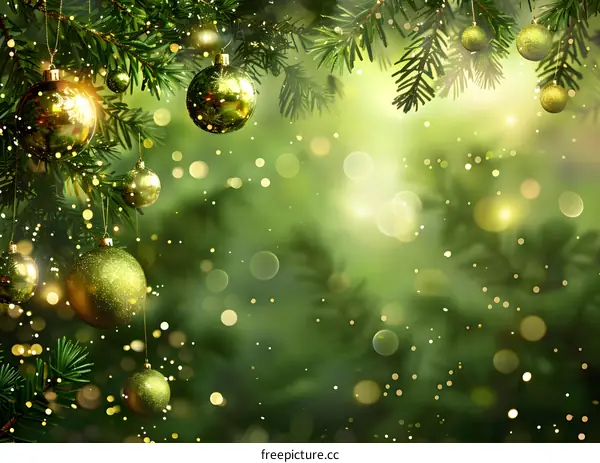 Green Christmas balls hanging on a fir tree with blurred background
