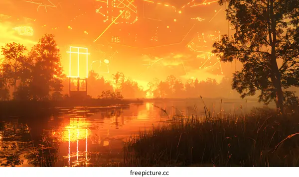 Orange Sky Over Lake and Forest