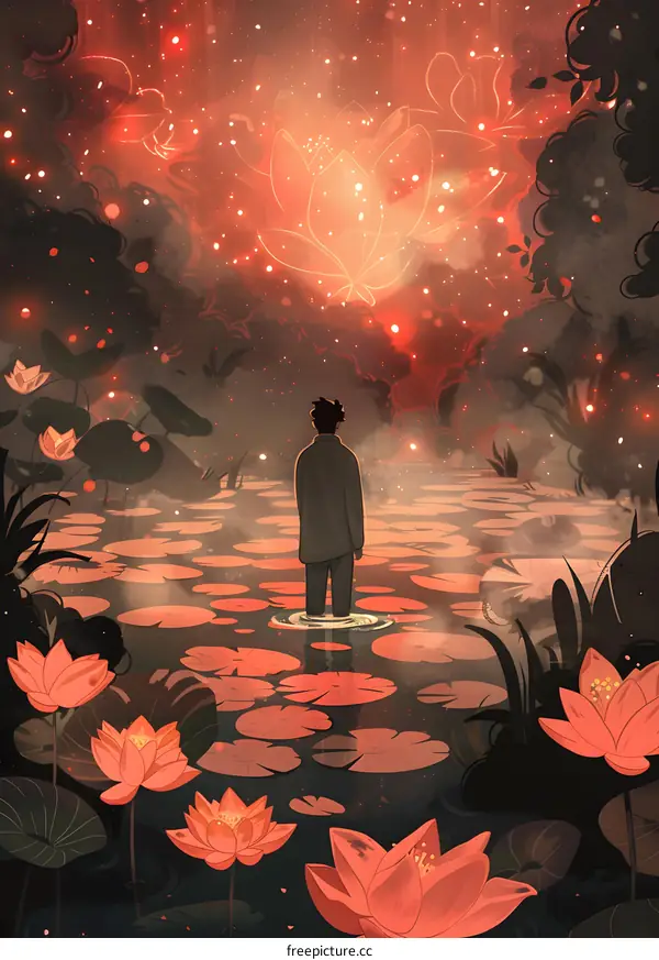 Man Standing in a Field of Lotus Flowers with a Glowing Celestial Body Above