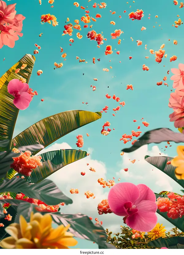 Pink Orchid and Green Leaves Against a Blue Sky with Flowers Falling