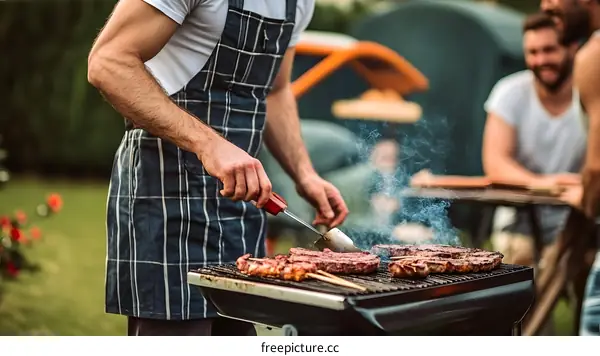 Man Grilling Steak On Charcoal Grill Outdoors