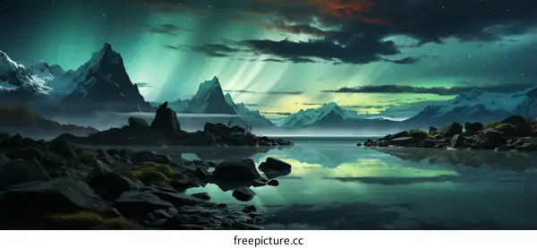 Aurora borealis landscape with mountains and lake