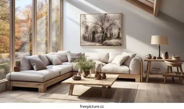 A modern living room with a large sectional sofa, a coffee table, and a rug