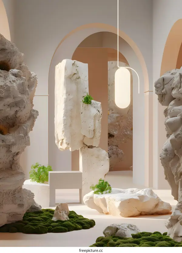 Modern Minimalist Interior Design with Stone and Moss