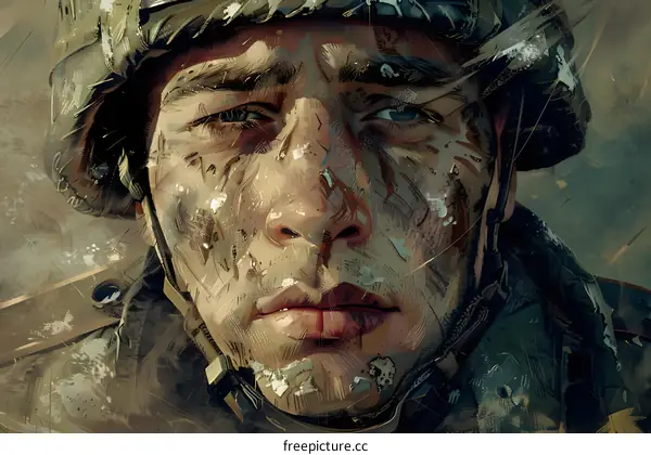 Portrait of a soldier with mud on his face