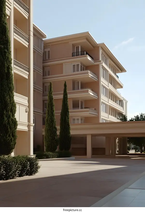 Modern Architectural Design Of A Luxury Apartment Building With Trees