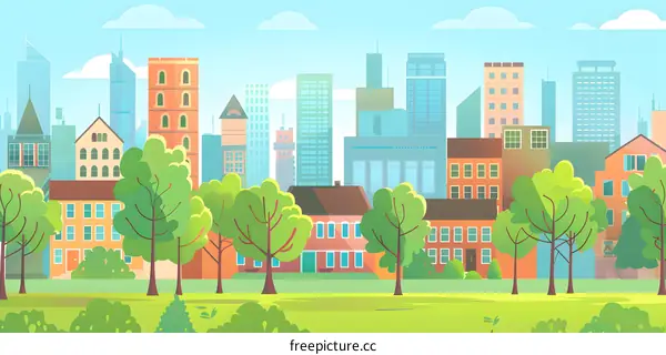 Cityscape with Green Trees in Front