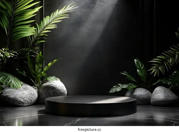 Dark Modern Minimalist Display Podium with Tropical Plants