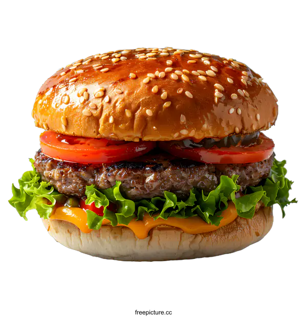 [Transparent Background PNG]yummy cheeseburger with tomato lettuce and pickles
