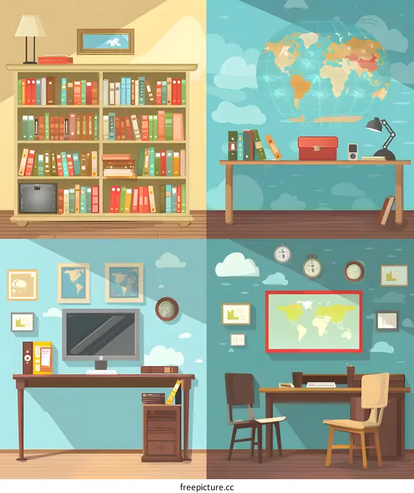Illustration of a Cartoon Study Room with Desk and Bookshelf