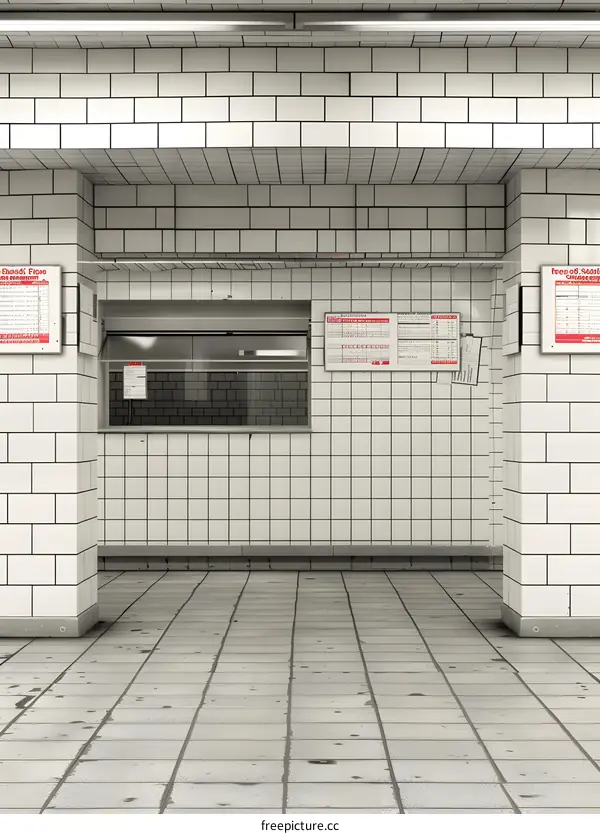 White Tile Subway Station Interior with Red Signs