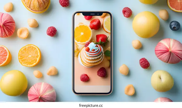 Smartphone with Fruit and Dessert Photography