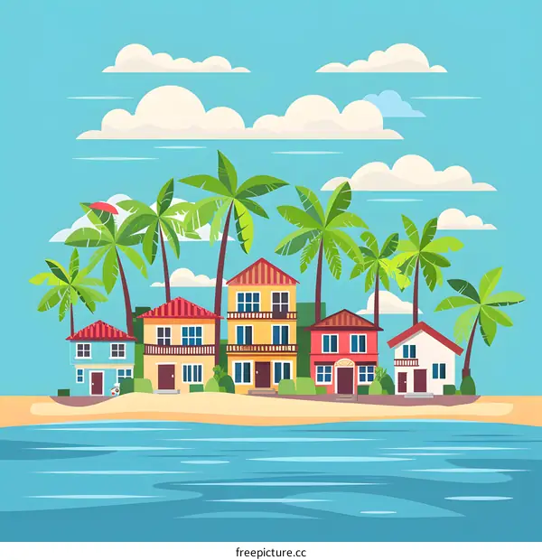 Tropical Beach Houses Landscape Illustration