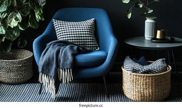 Cozy Blue Armchair with Decorative Accessories