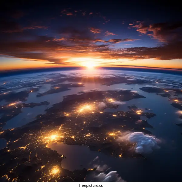 A beautiful sunset over the Earth from space showing the British Isles
