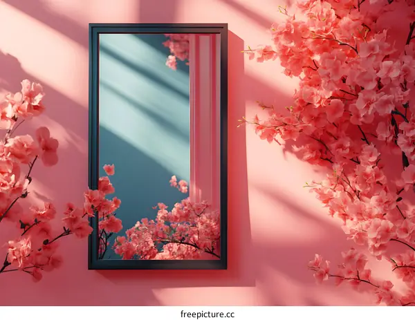 Pink Wall with Mirror and Cherry Blossom