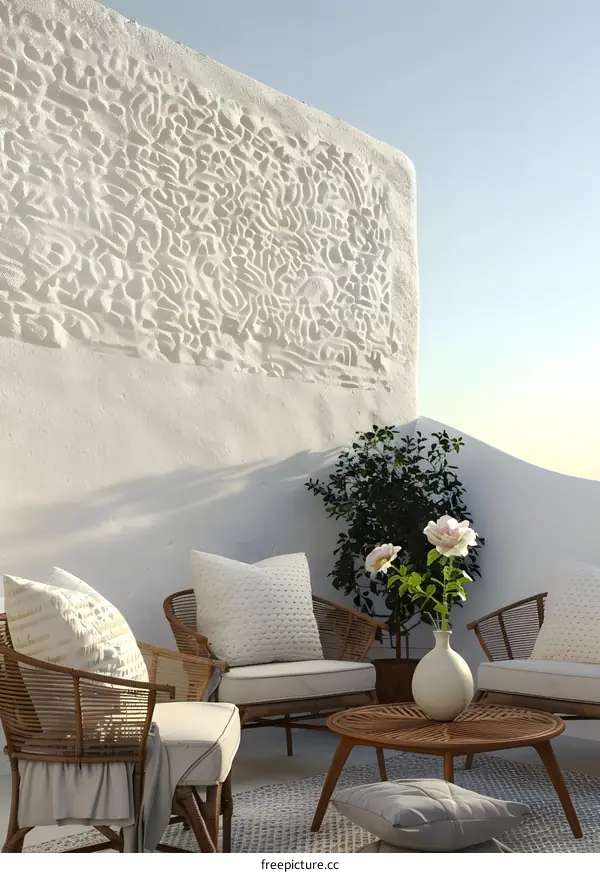 White Wall Patio With Rattan Furniture And Flowers