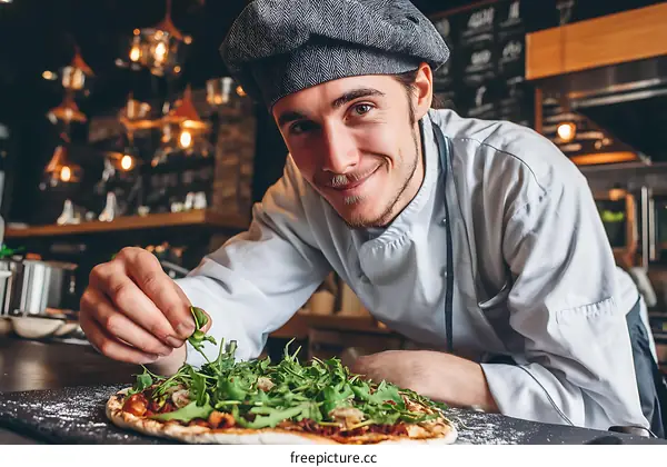 Chef Preparing Pizza with Fresh Herbs