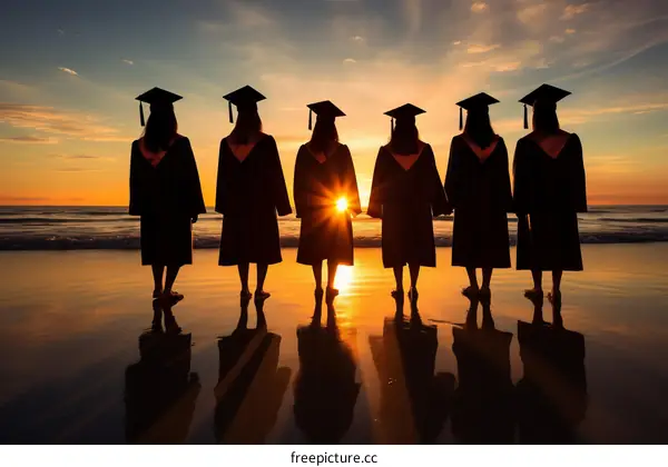 Female Graduates Celebrating their Success on the Beach at Sunset