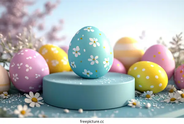 Easter Eggs Displayed on a Pastel Blue Stand