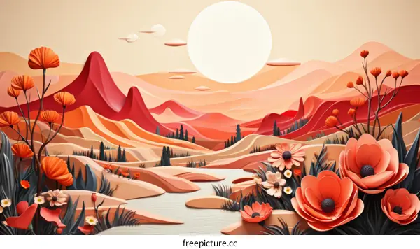 Desert oasis with orange flowers in the foreground and red mountains in the background