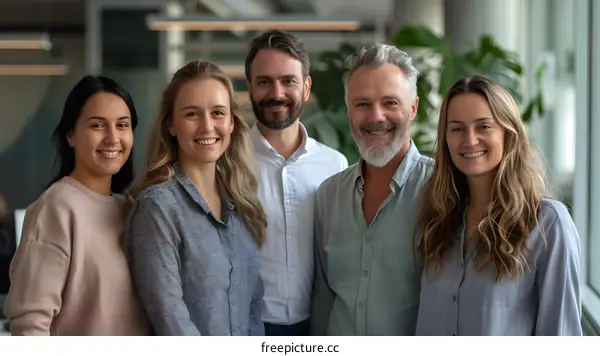 Group of business professionals smiling happily in an office environment