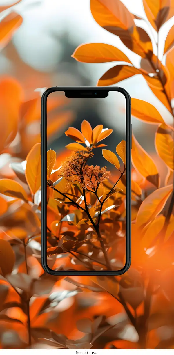 Phone screen with an autumn leaves photo