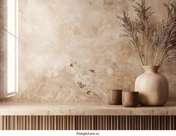 Minimalist Home Decor with Wooden Vase and Dried Flowers on Marble Shelf