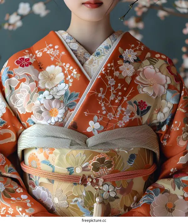 Japanese woman wearing a kimono with floral embroidery