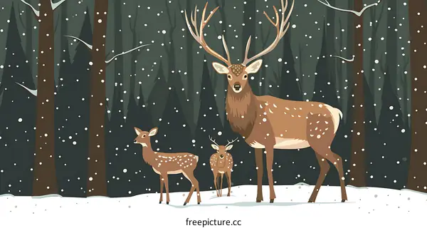 Three Deer In Snowy Forest Illustration