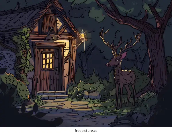 Forest Cabin With Deer Illustration