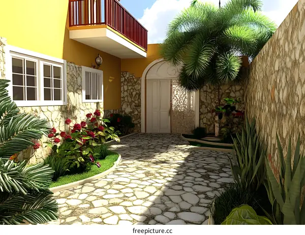 Cobblestone Patio With Palm Trees and Flowers