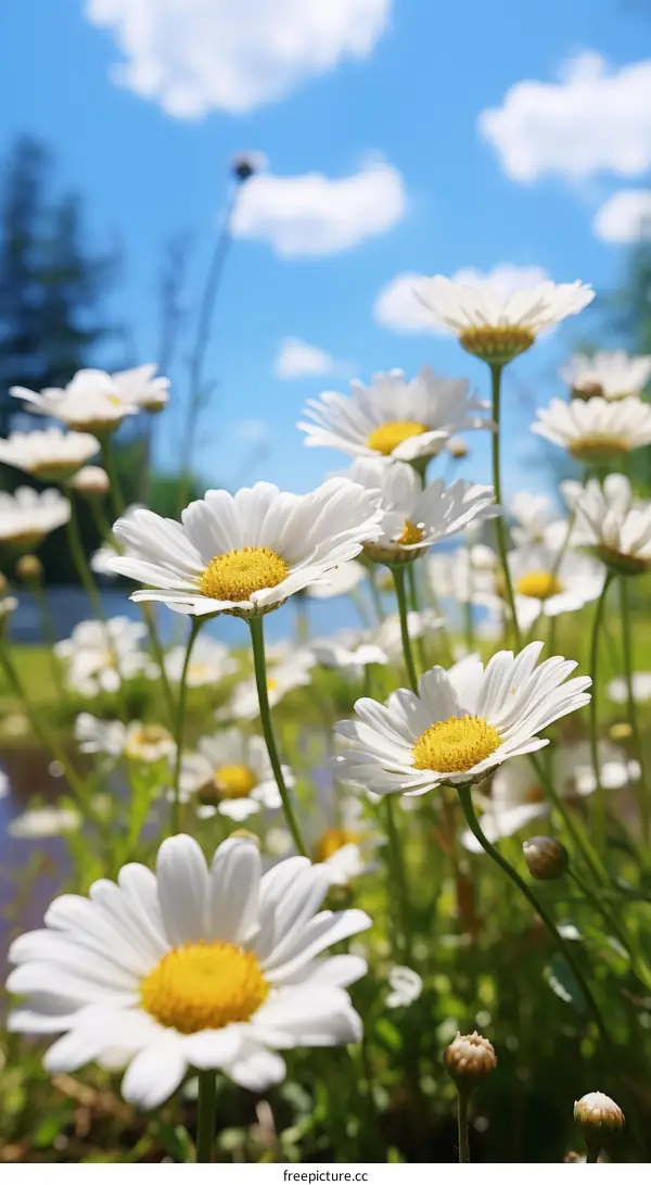 Field of daisies with a blue sky and white clouds in the background
