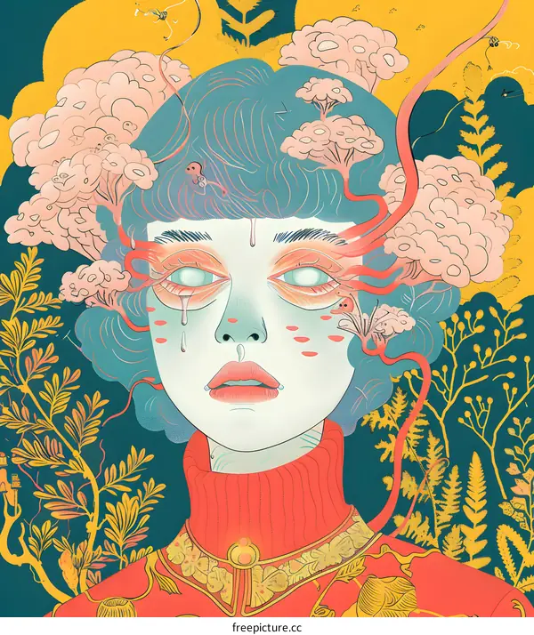 Surreal Illustration of a Woman With Flowers Growing From Her Head