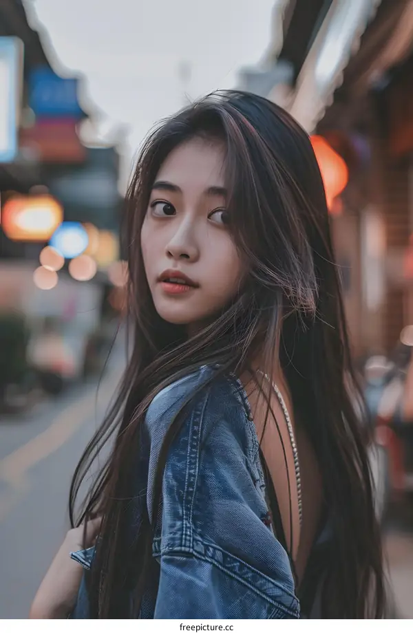 Young Woman in Denim Jacket Turning Her Head in City Street