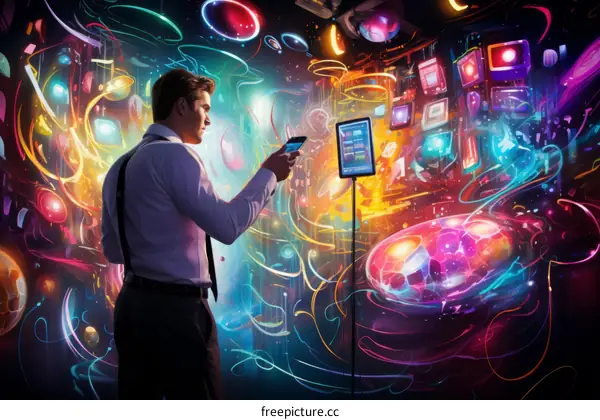 A businessman using a smartphone and a digital tablet in a futuristic setting