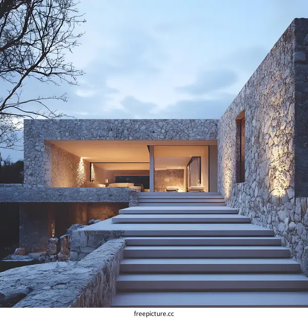 Modern Stone House with Stairs and Sky